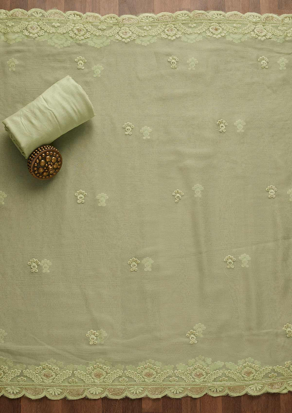 Pista Green Threadwork Georgette Unstitched Salwar Suit-Koskii