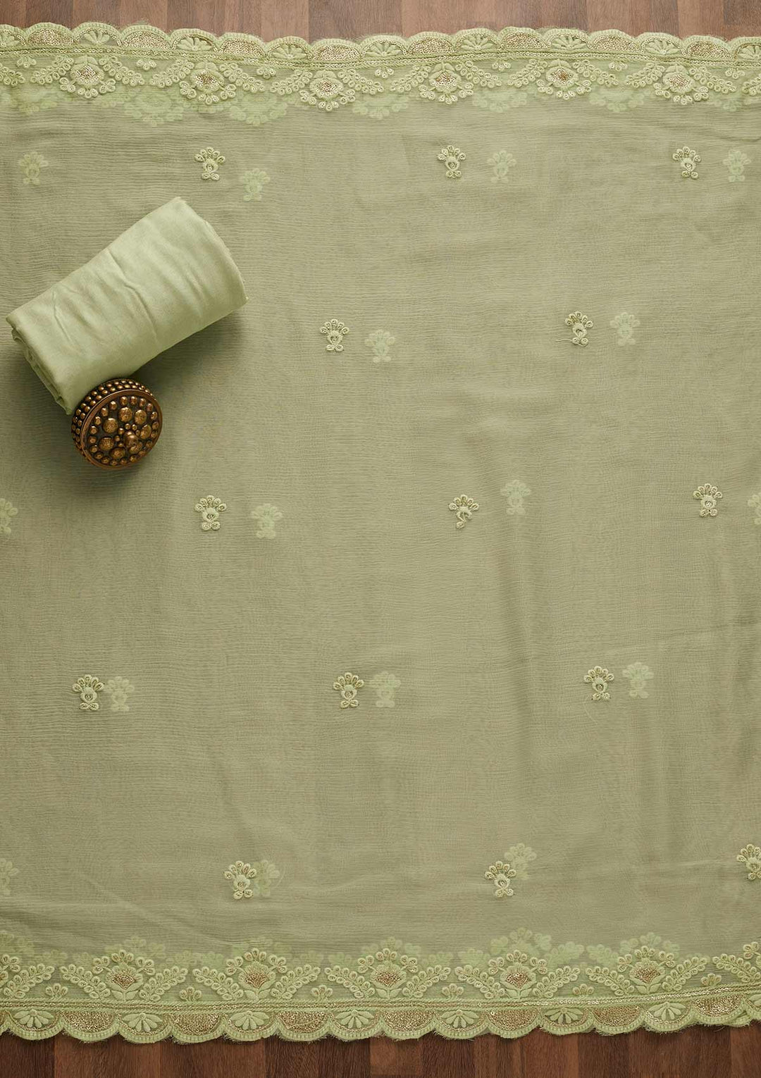 Pista Green Threadwork Georgette Unstitched Salwar Suit-Koskii