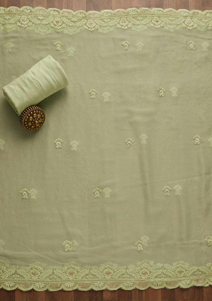 Pista Green Threadwork Georgette Unstitched Salwar Suit-Koskii