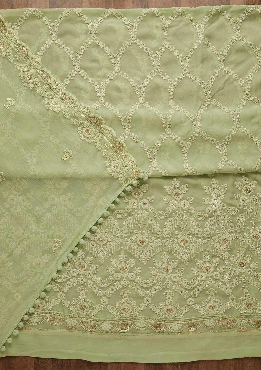 Pista Green Threadwork Georgette Unstitched Salwar Suit-Koskii