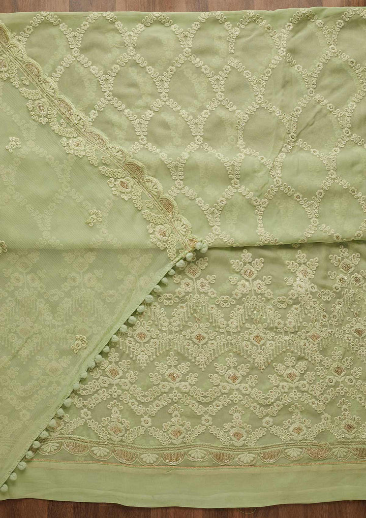Pista Green Threadwork Georgette Unstitched Salwar Suit-Koskii