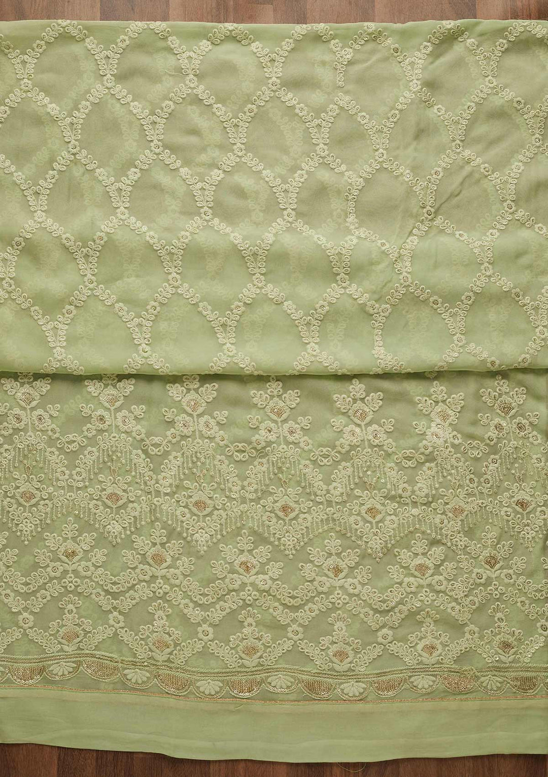 Pista Green Threadwork Georgette Unstitched Salwar Suit-Koskii