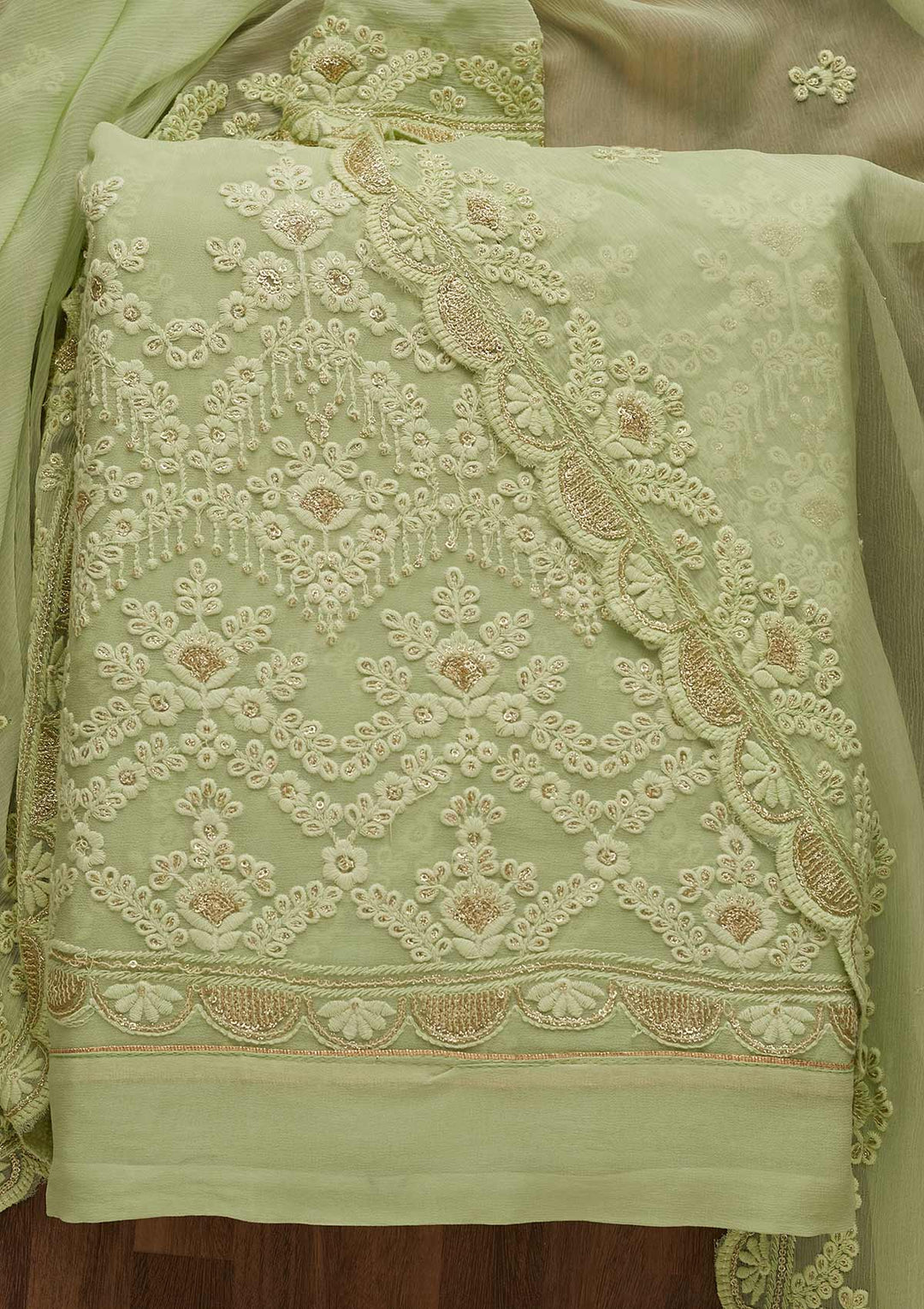 Pista Green Threadwork Georgette Unstitched Salwar Suit-Koskii