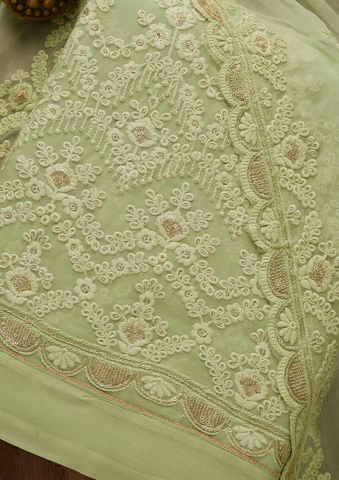 Pista Green Threadwork Georgette Unstitched Salwar Suit-Koskii