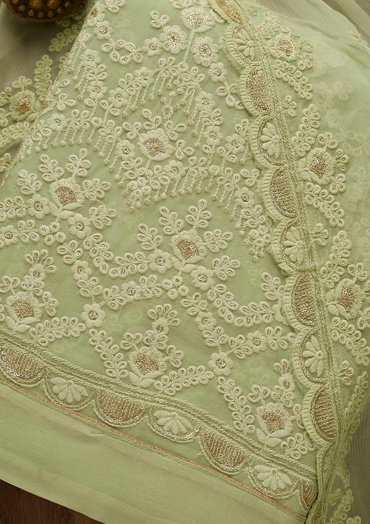 Pista Green Threadwork Georgette Unstitched Salwar Suit-Koskii