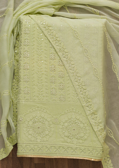 Pista Green Threadwork Georgette Semi-Stitched Salwar Suit-Koskii