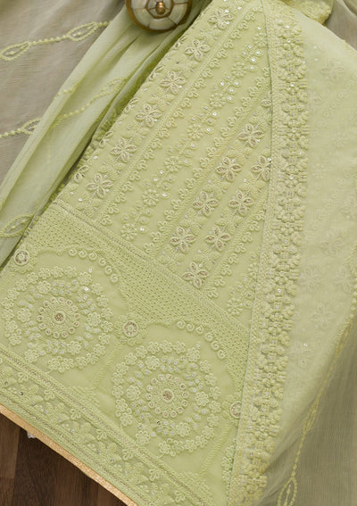 Pista Green Threadwork Georgette Semi-Stitched Salwar Suit-Koskii