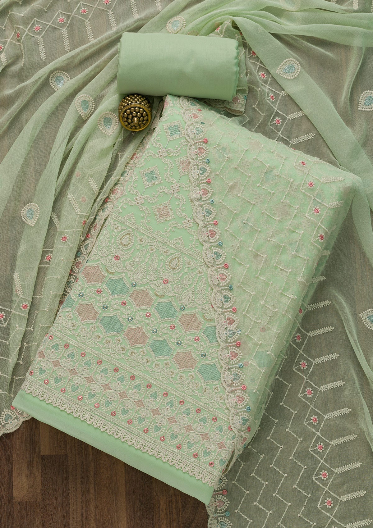 Pista Green Threadwork Georgette Unstitched Salwar Suit-Koskii