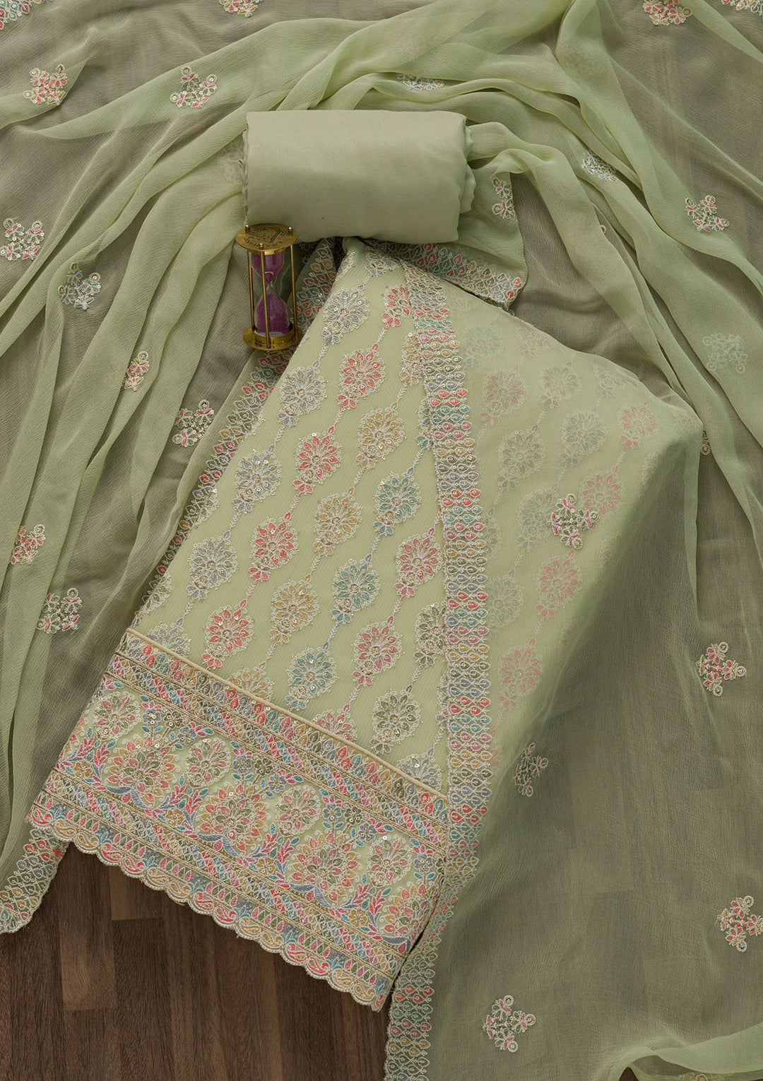 Pista Green Threadwork Georgette Unstitched Salwar Suit-Koskii