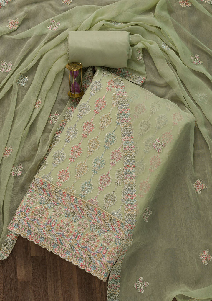 Pista Green Threadwork Georgette Unstitched Salwar Suit-Koskii