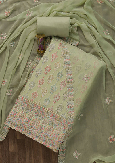 Pista Green Threadwork Georgette Unstitched Salwar Suit-Koskii
