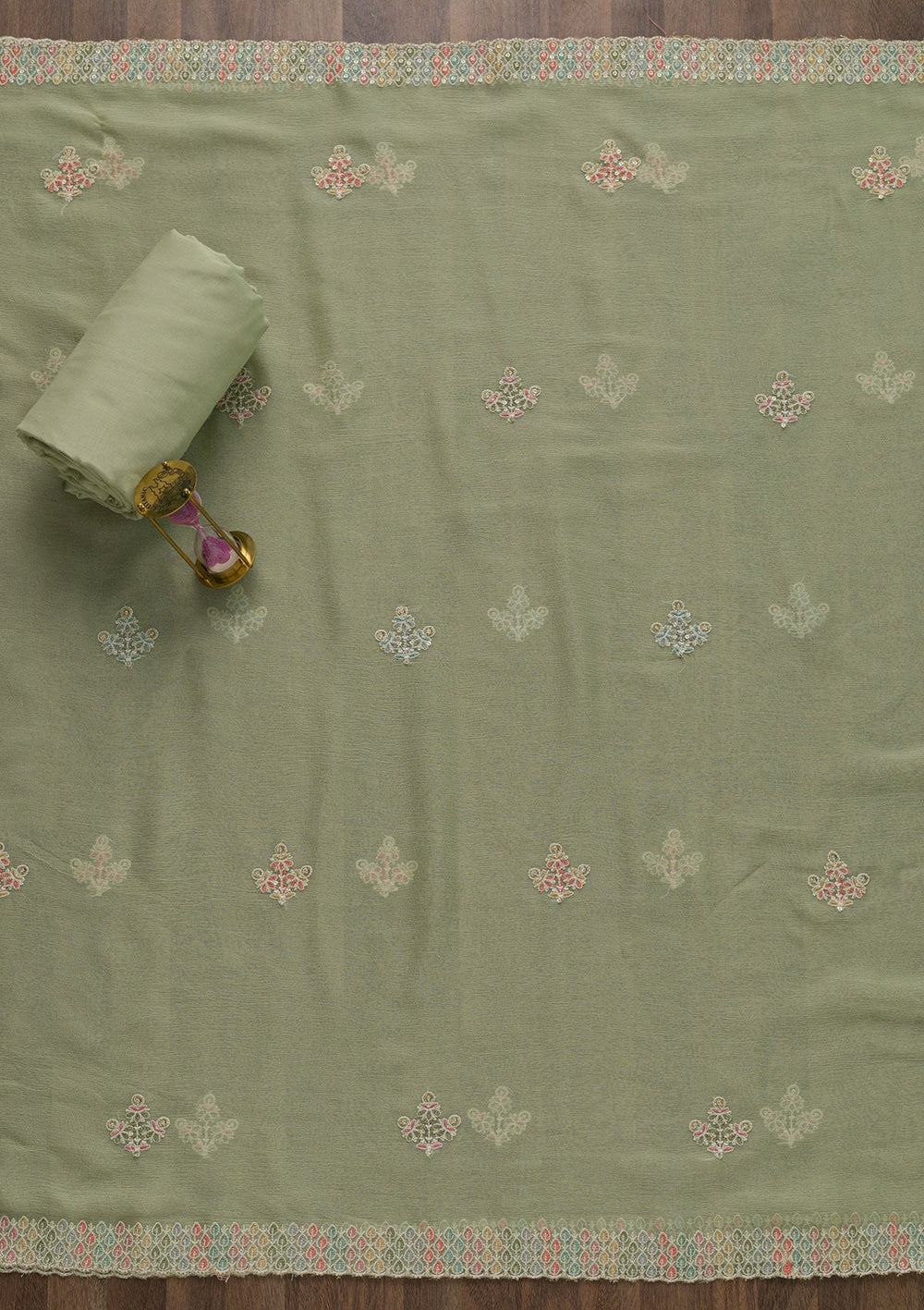 Pista Green Threadwork Georgette Unstitched Salwar Suit-Koskii