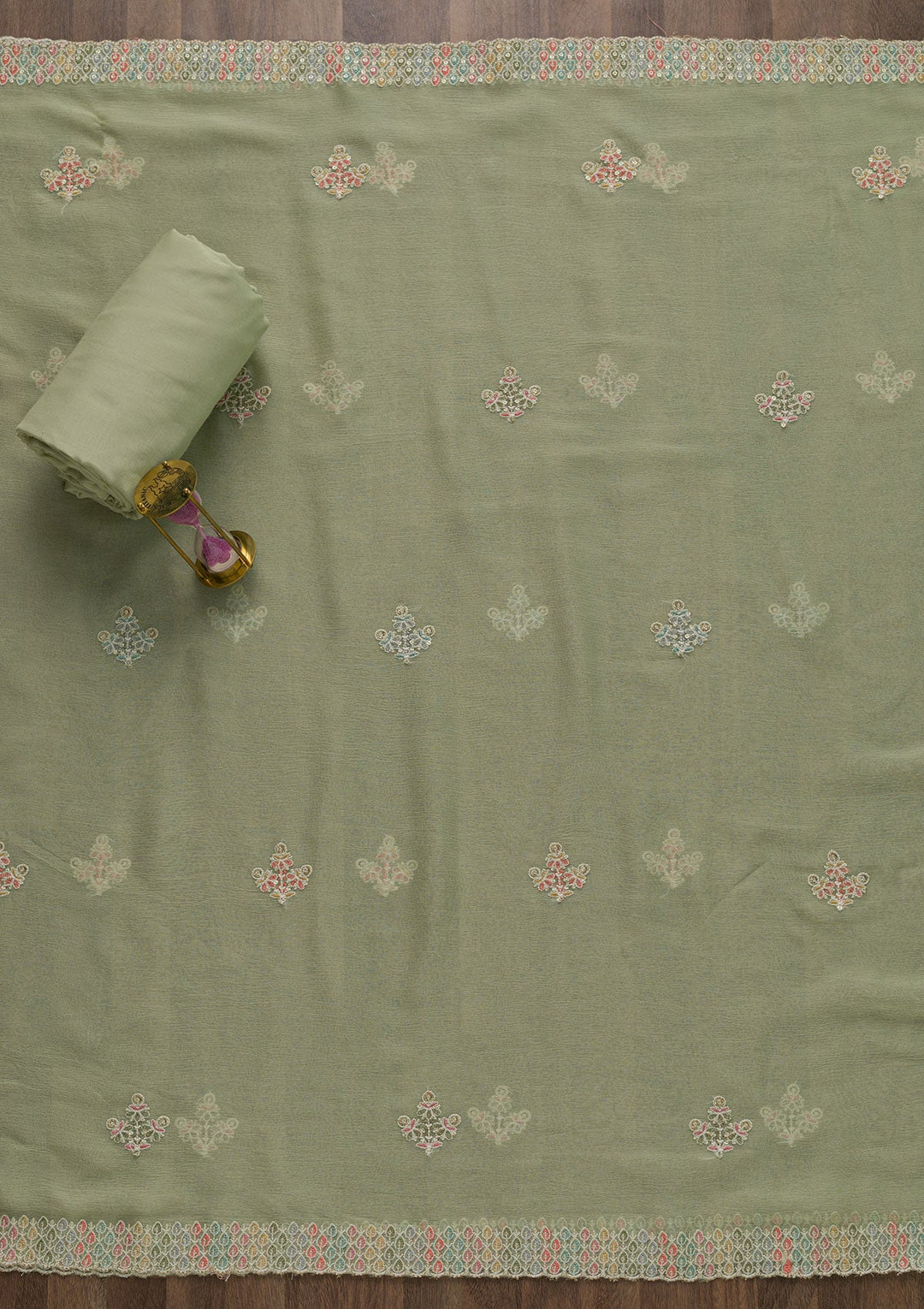 Pista Green Threadwork Georgette Unstitched Salwar Suit-Koskii