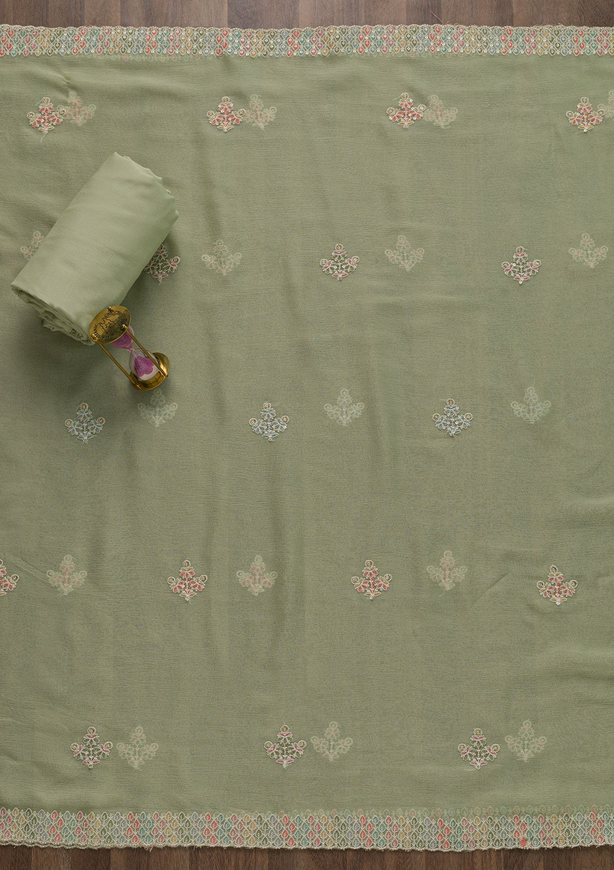 Pista Green Threadwork Georgette Unstitched Salwar Suit-Koskii