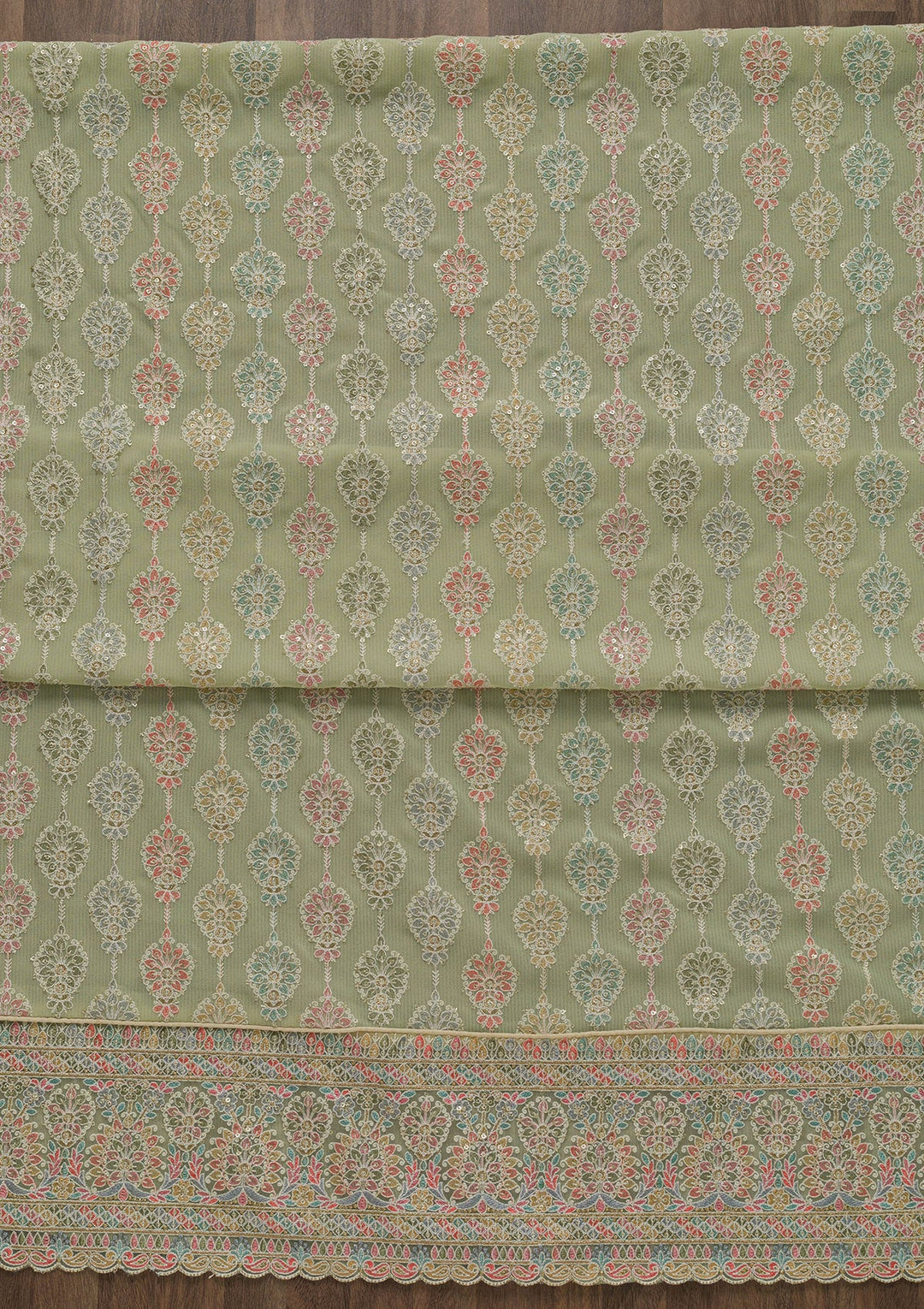 Pista Green Threadwork Georgette Unstitched Salwar Suit-Koskii