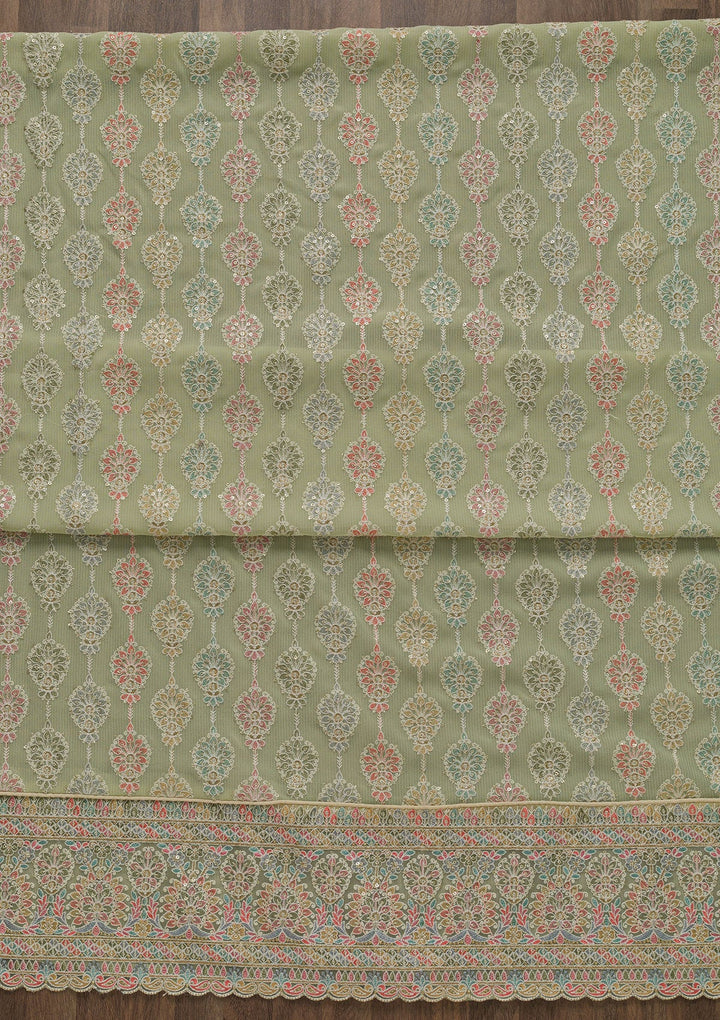 Pista Green Threadwork Georgette Unstitched Salwar Suit-Koskii