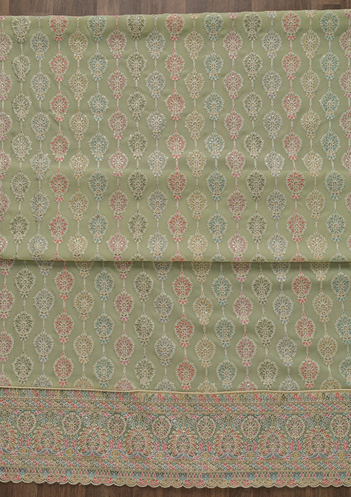 Pista Green Threadwork Georgette Unstitched Salwar Suit-Koskii