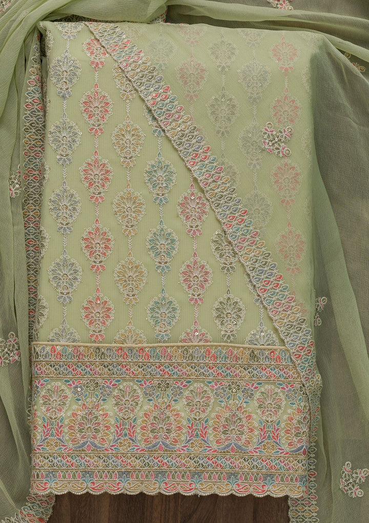 Pista Green Threadwork Georgette Unstitched Salwar Suit-Koskii