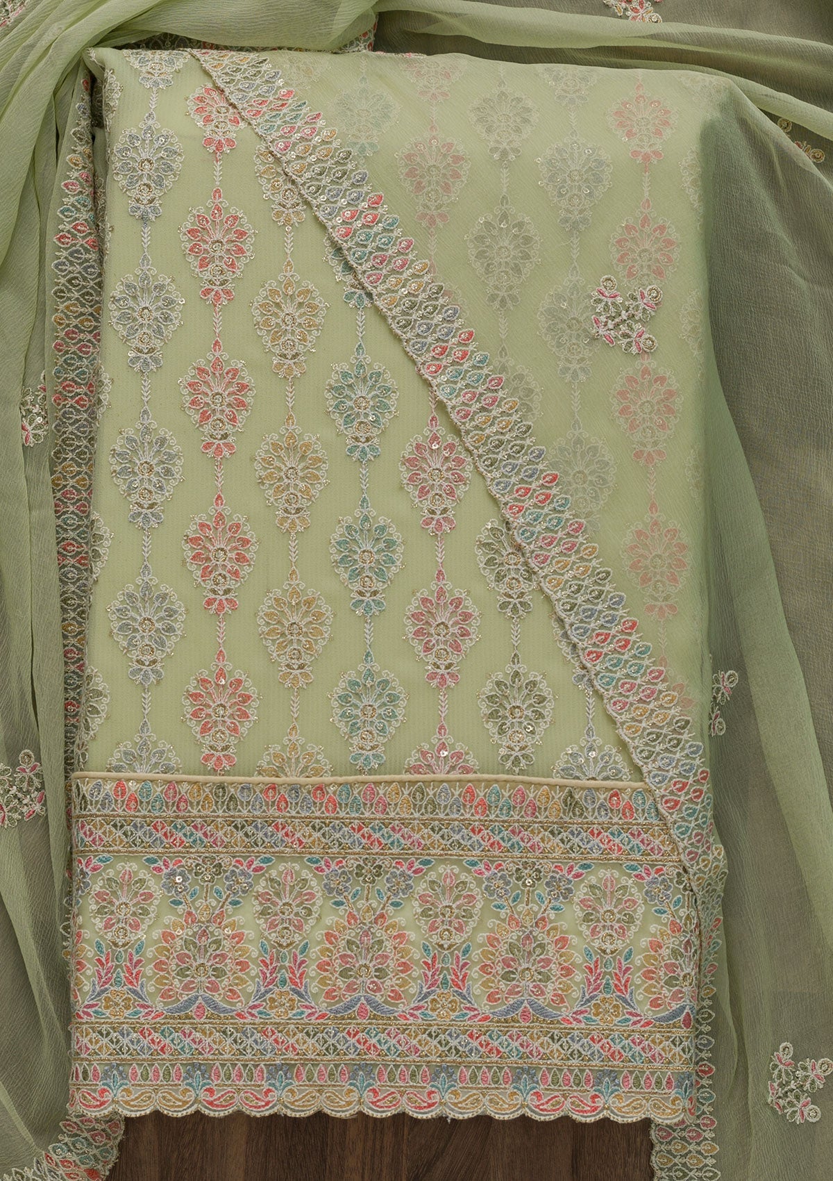 Pista Green Threadwork Georgette Unstitched Salwar Suit-Koskii