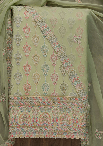 Pista Green Threadwork Georgette Unstitched Salwar Suit-Koskii