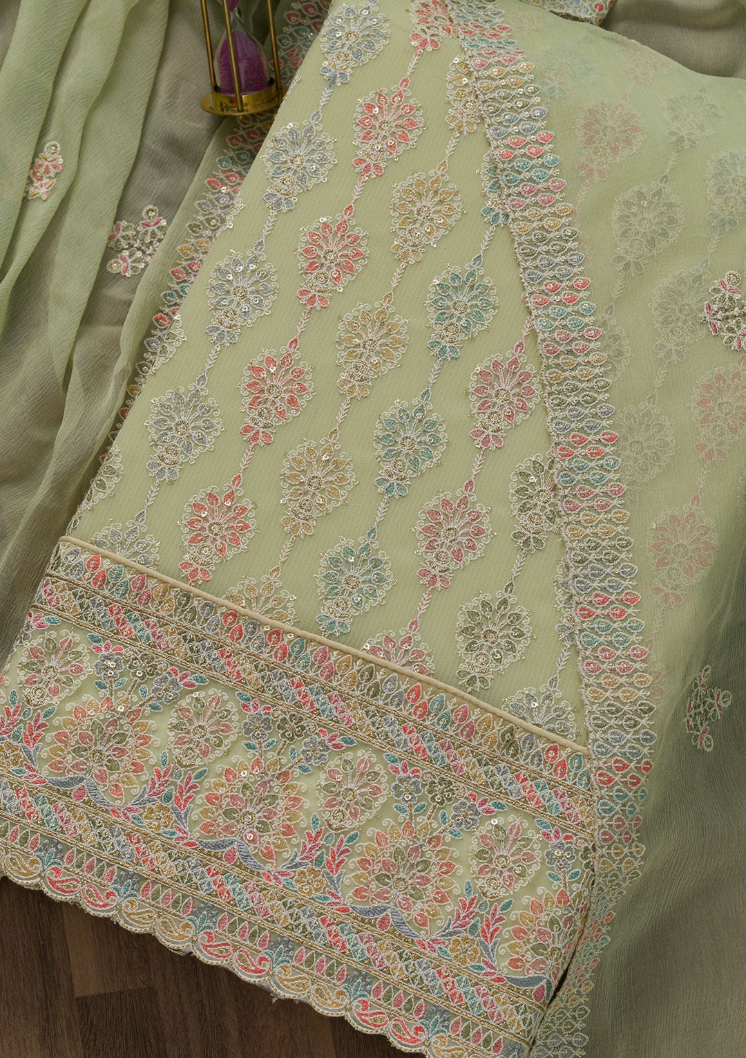 Pista Green Threadwork Georgette Unstitched Salwar Suit-Koskii