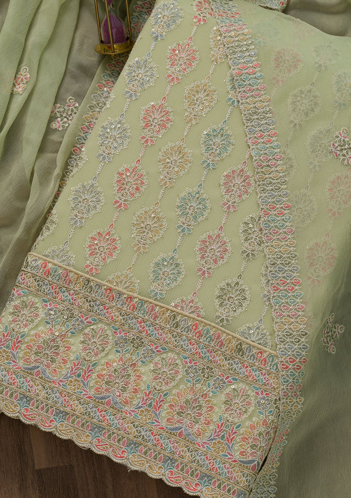 Pista Green Threadwork Georgette Unstitched Salwar Suit-Koskii