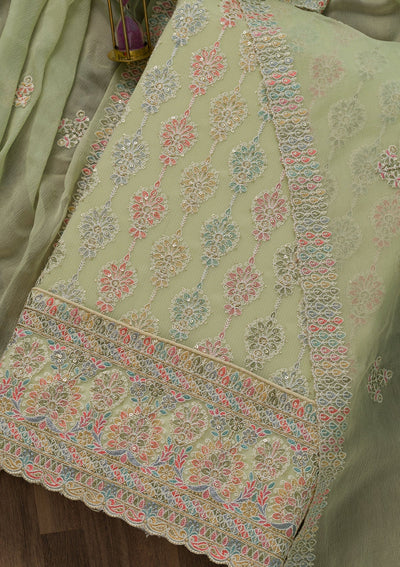 Pista Green Threadwork Georgette Unstitched Salwar Suit-Koskii