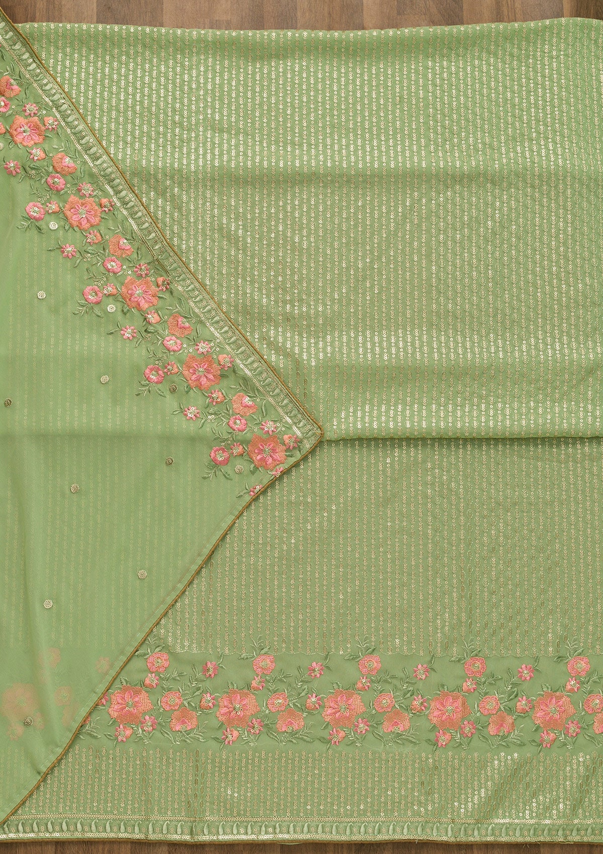 Pista Green Threadwork Georgette Unstitched Salwar Suit-Koskii