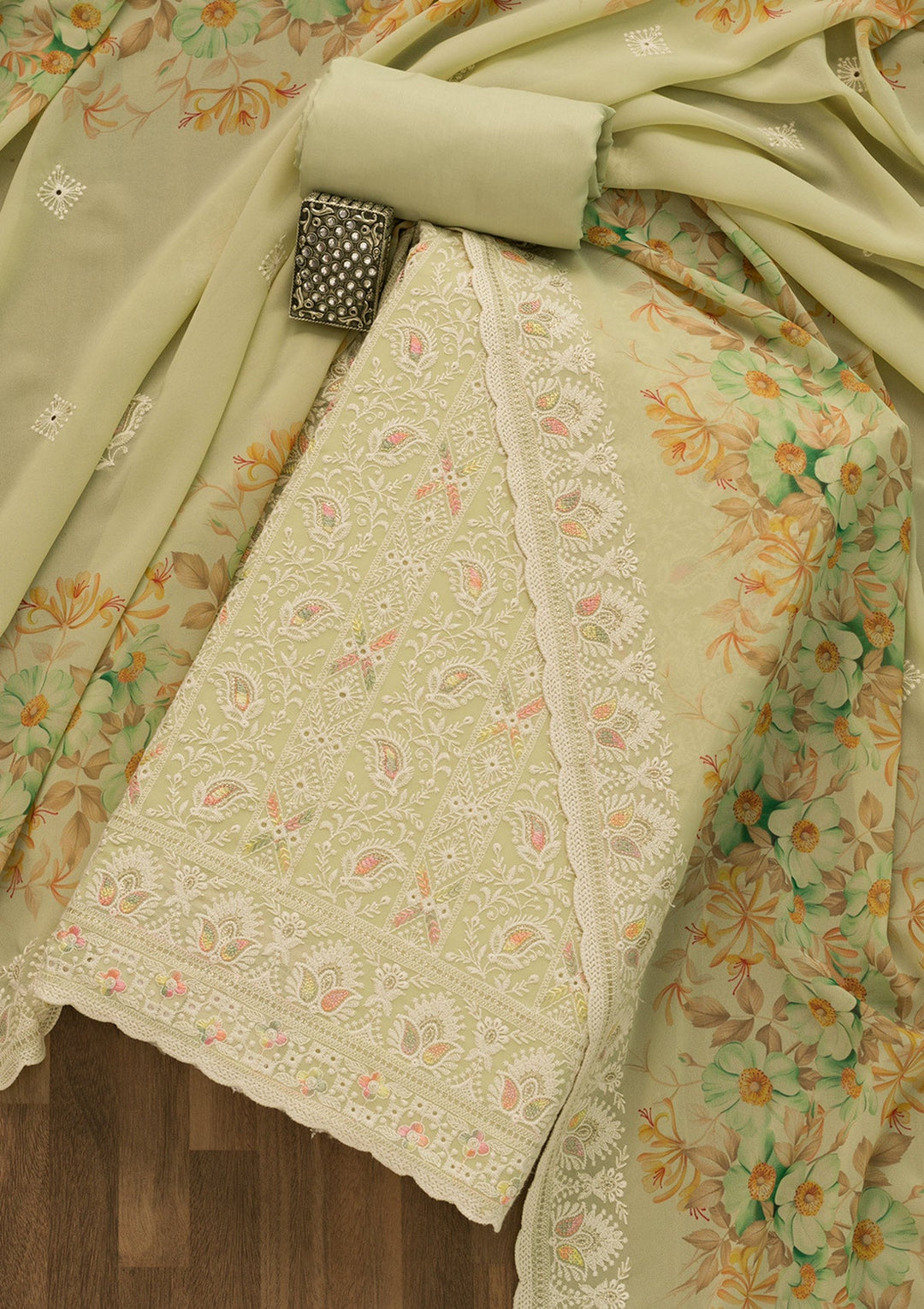 Pista Green Threadwork Georgette Unstitched Salwar Suit-Koskii