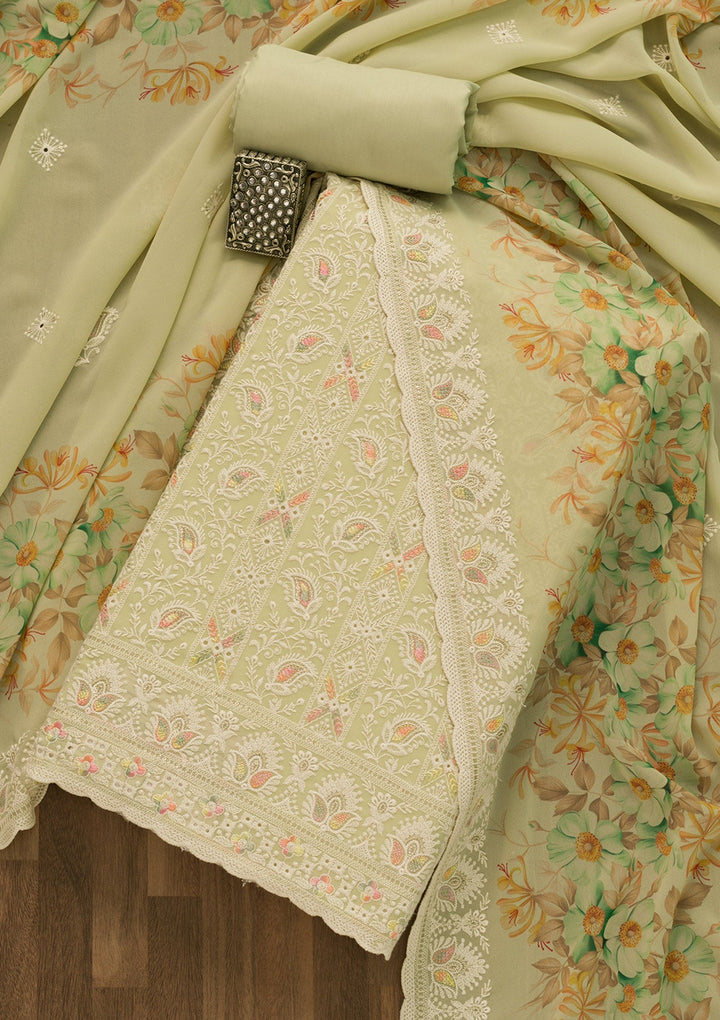 Pista Green Threadwork Georgette Unstitched Salwar Suit-Koskii