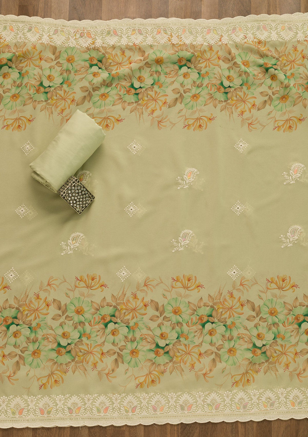 Pista Green Threadwork Georgette Unstitched Salwar Suit-Koskii