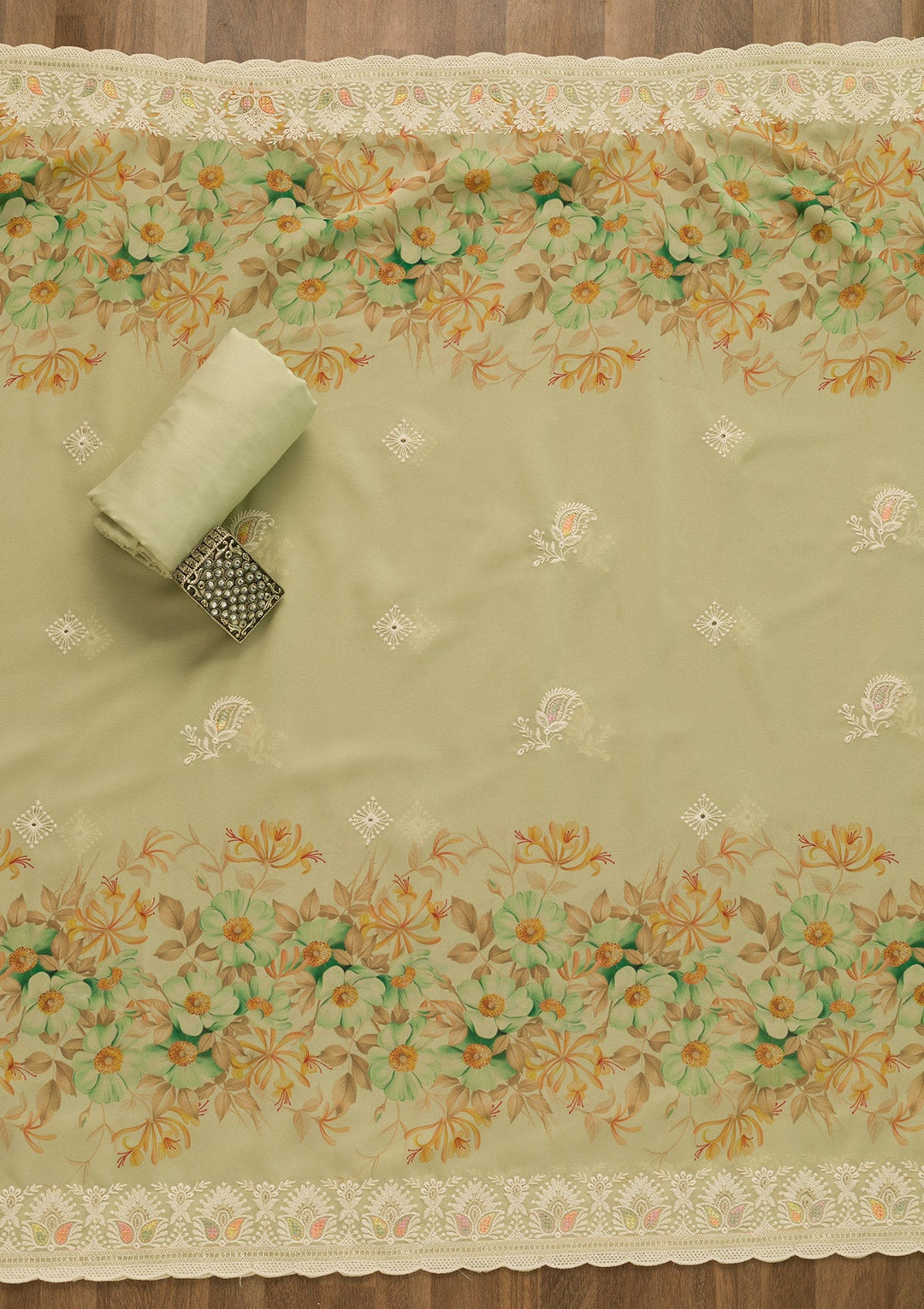 Pista Green Threadwork Georgette Unstitched Salwar Suit-Koskii