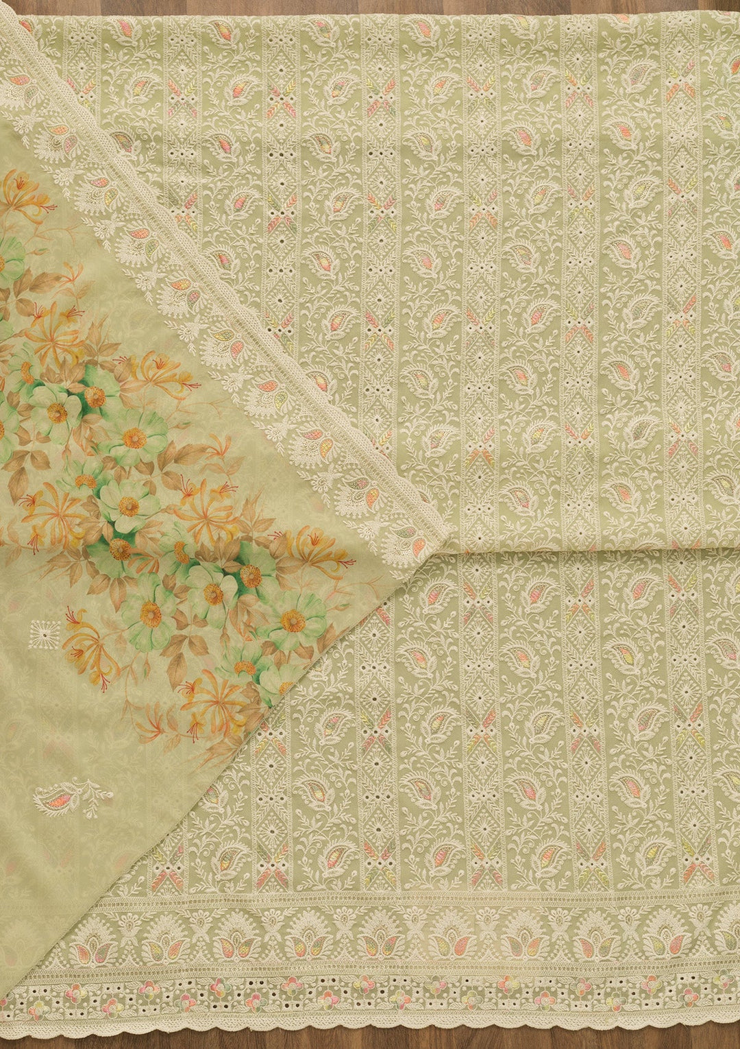 Pista Green Threadwork Georgette Unstitched Salwar Suit-Koskii