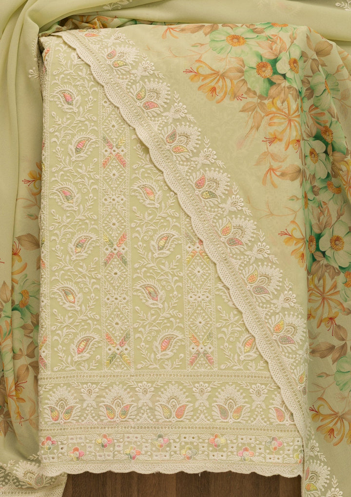 Pista Green Threadwork Georgette Unstitched Salwar Suit-Koskii