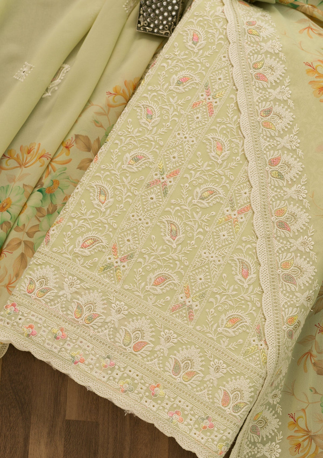 Pista Green Threadwork Georgette Unstitched Salwar Suit-Koskii