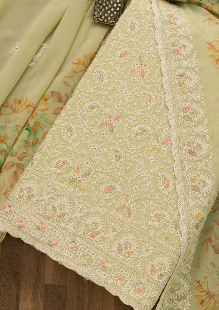 Pista Green Threadwork Georgette Unstitched Salwar Suit-Koskii