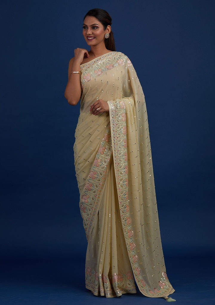 Pista Green Threadwork Georgette Designer Saree - Koskii