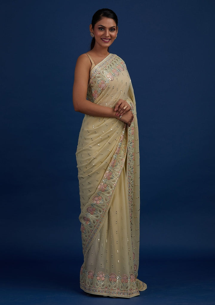 Pista Green Threadwork Georgette Designer Saree - Koskii