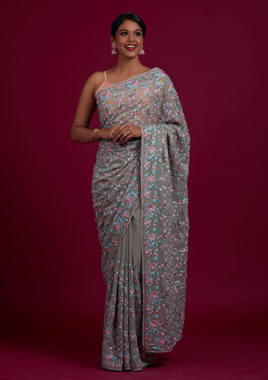 Pista Green Threadwork Georgette Designer Saree - Koskii