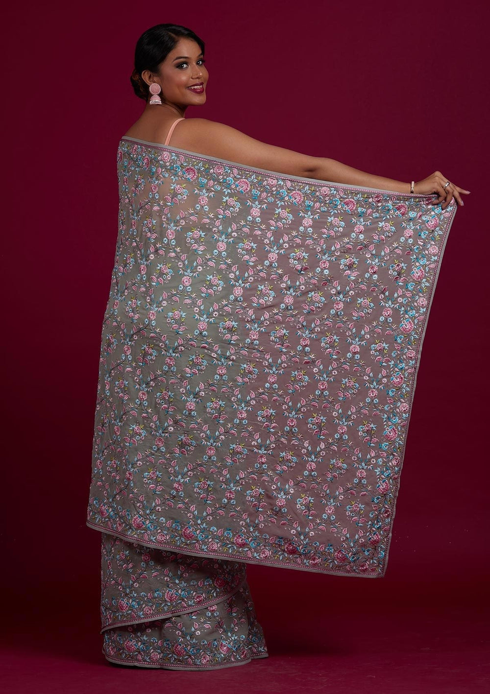 Pista Green Threadwork Georgette Designer Saree - Koskii