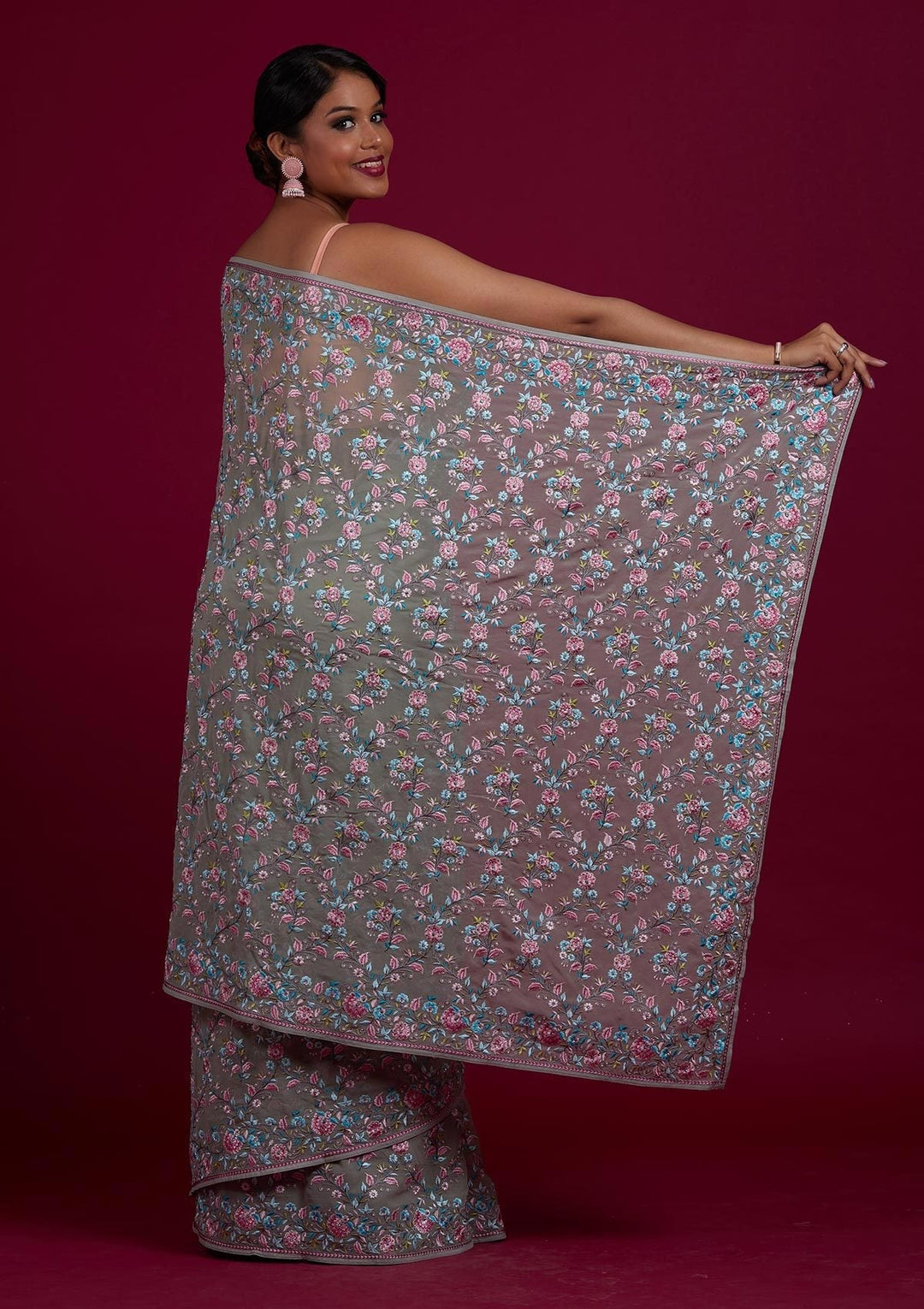 Pista Green Threadwork Georgette Designer Saree - Koskii
