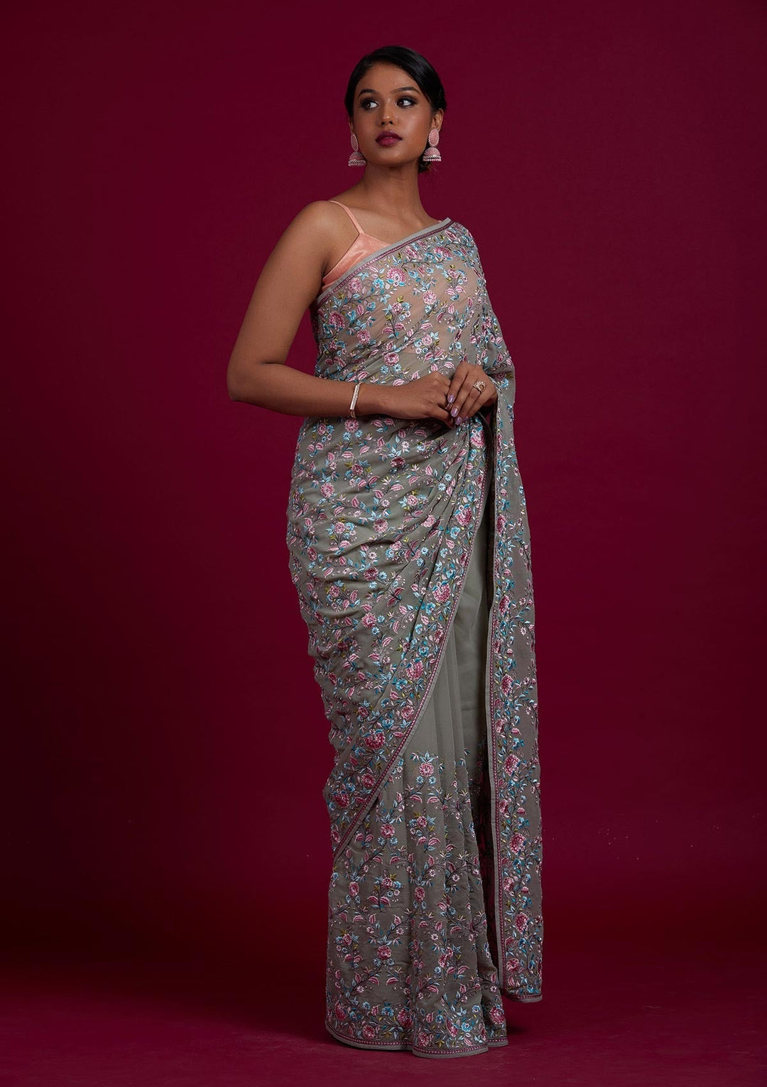 Pista Green Threadwork Georgette Designer Saree - Koskii