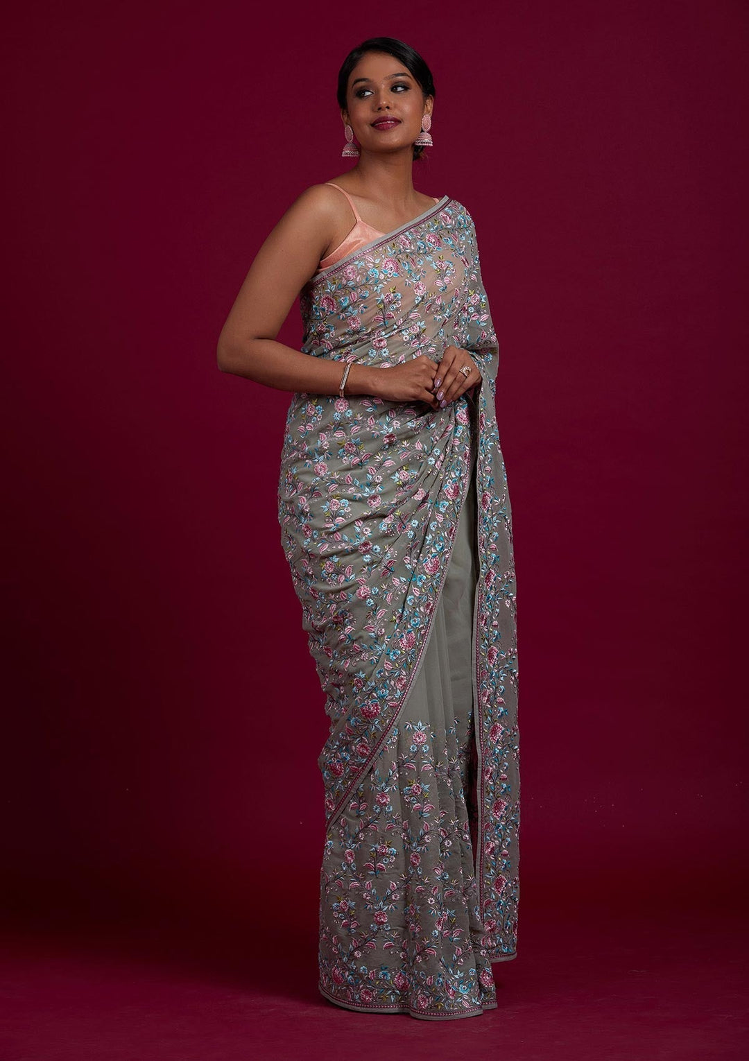 Pista Green Threadwork Georgette Designer Saree - Koskii