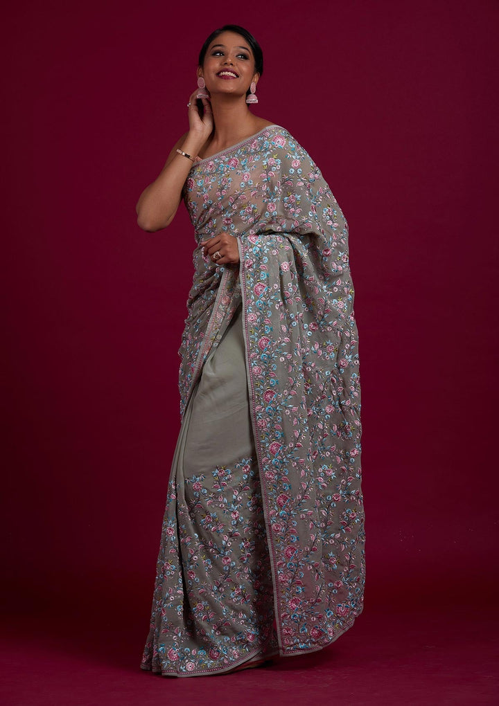 Pista Green Threadwork Georgette Designer Saree - Koskii