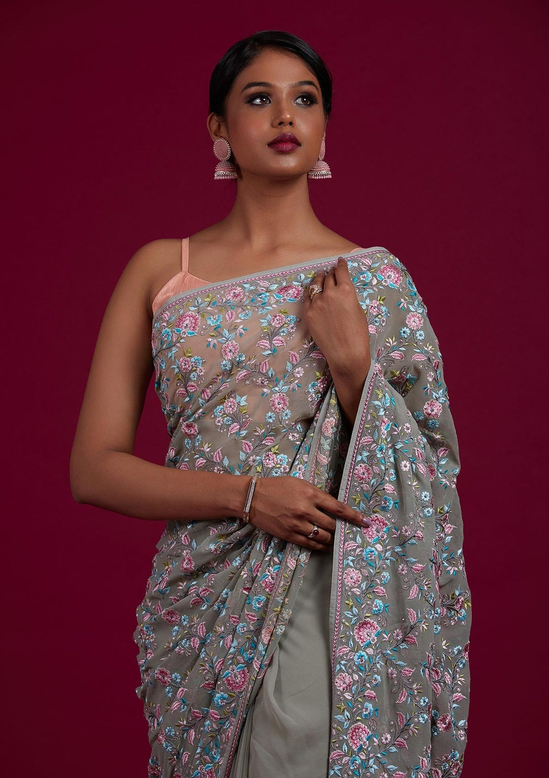 Pista Green Threadwork Georgette Designer Saree - Koskii
