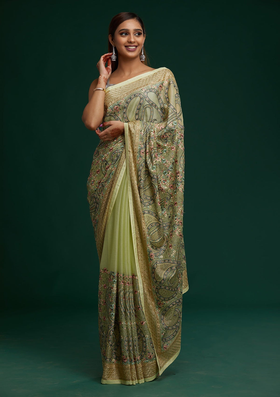 Pista Green Threadwork Georgette Saree- Koskii