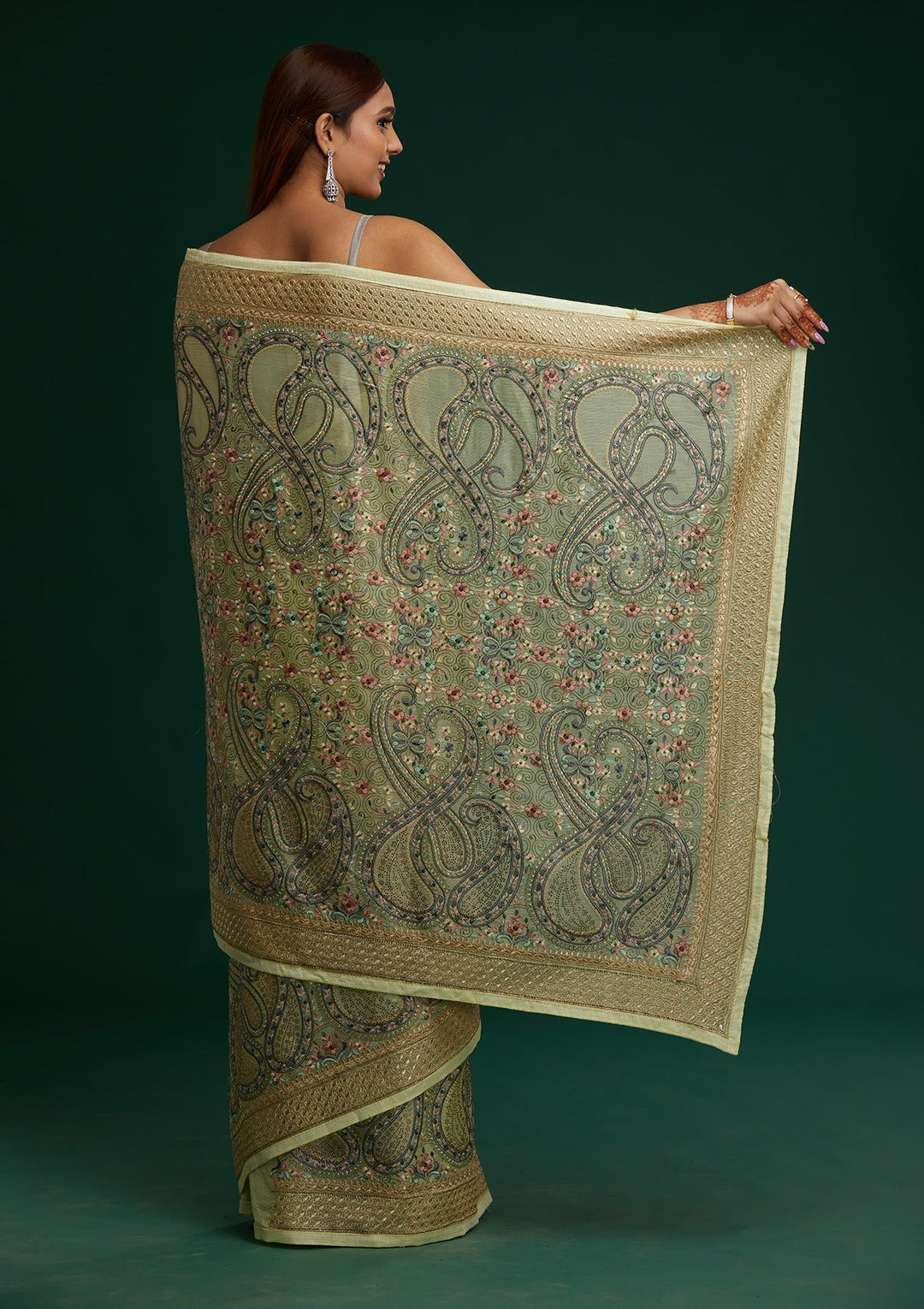 Pista Green Threadwork Georgette Saree - Koskii
