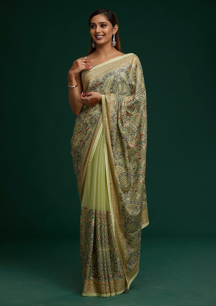 Pista Green Threadwork Georgette Saree - Koskii