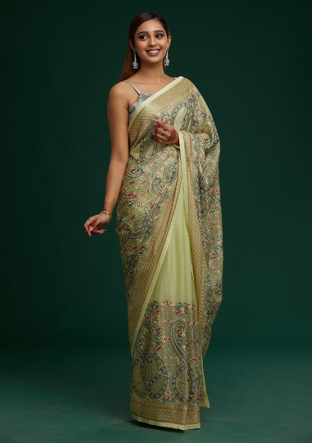 Pista Green Threadwork Georgette Saree - Koskii