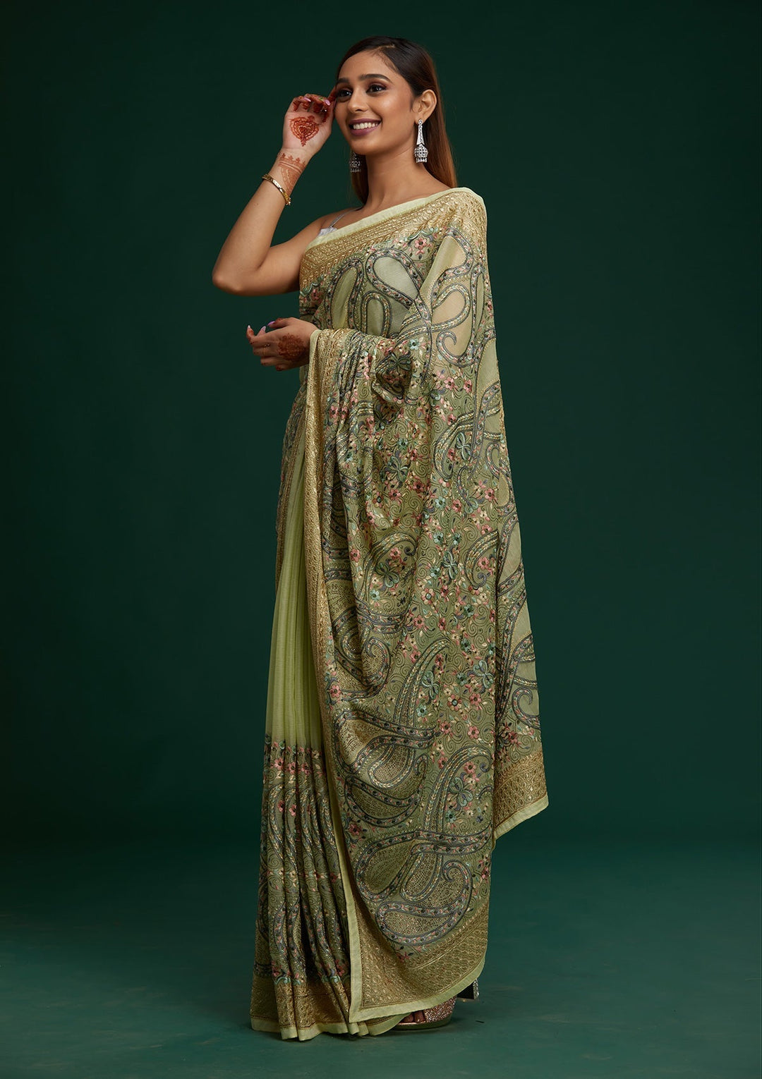 Pista Green Threadwork Georgette Saree - Koskii